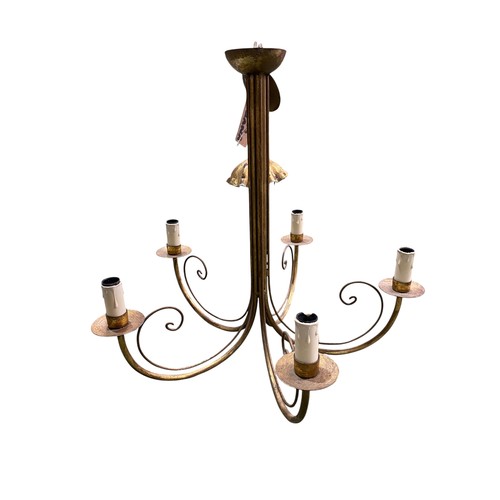 486 - Porta Romana hanging 5 branch ceiling light and a grey painted coat rack with eight brass hooks 150 ... 