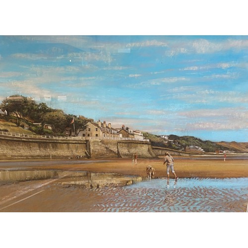 496 - ROGER INMAN (1948 - 2016) Frames and glazed pastel of Seaside scene depicting lady and dog signed lo... 