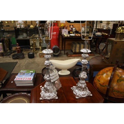 632 - PAIR OF SILVER COLOURED TABLE LAMPS