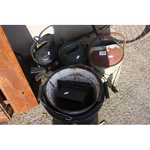 110 - 4 VINTAGE WATERING CANS & LOT OF BUCKETS