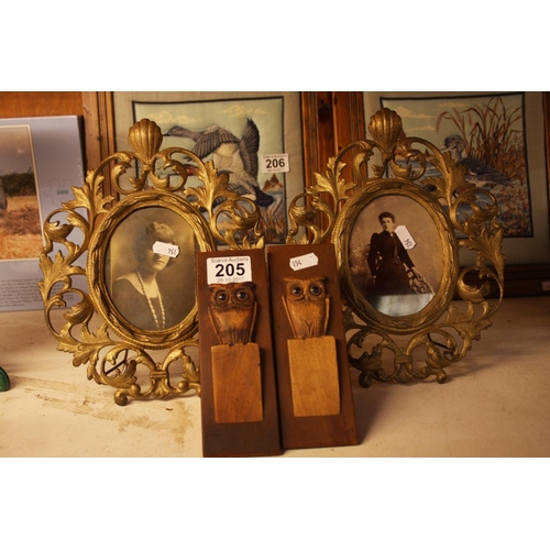 205 - PAIR OF BRASS PICTURE FRAMES PLUS BOOKENDS