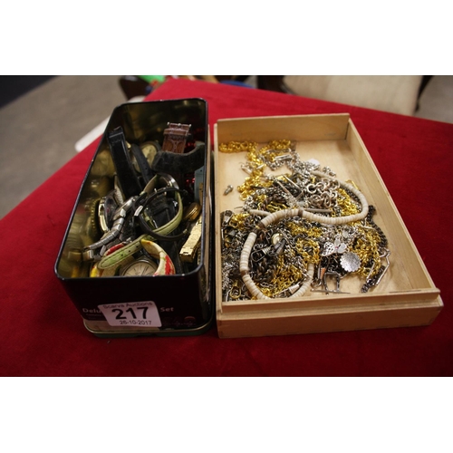 217 - BOX OF COSTUME JEWELLERY & WATCHES