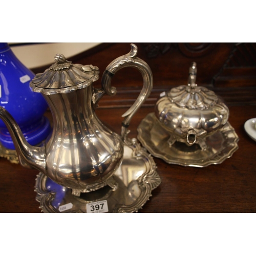 397 - SILVER PLATE TRAYS & POTS