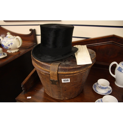 406 - TOP HAT IN BOX WITH PAIR OF WHITE GLOVES