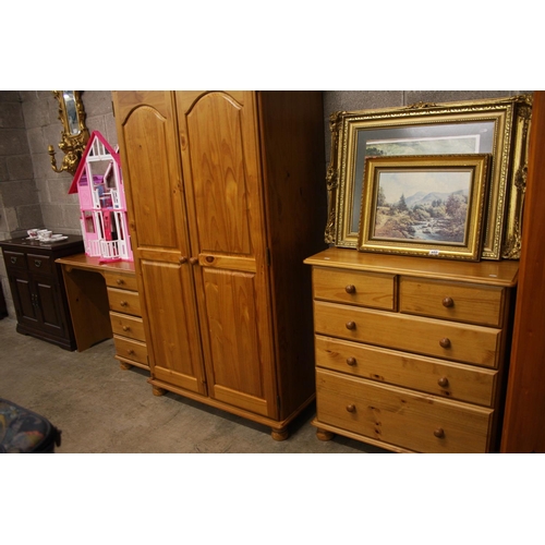 456 - PINE DESK, WARDROBE & CHEST OF DRAWERS