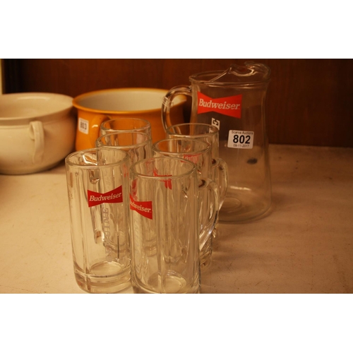 802 - BUDWEISER JUG & 6 GLASSES