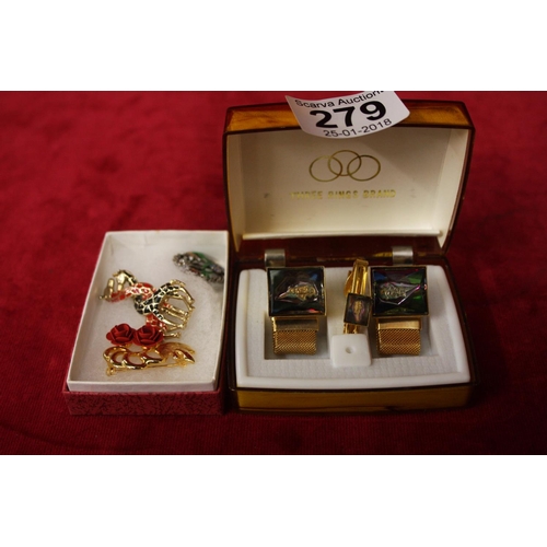 279 - CUFFLINK SET PLUS BROOCHES