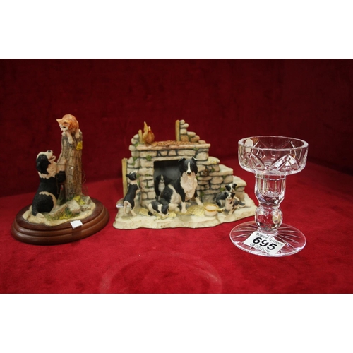 695 - BORDER FINE ARTS DOG ORNAMENTS X 2 PLUS CRYSTAL CANDLESTICK