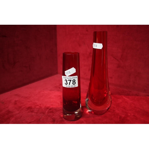 378 - 2 RED GLASS ROSE BUD VASES