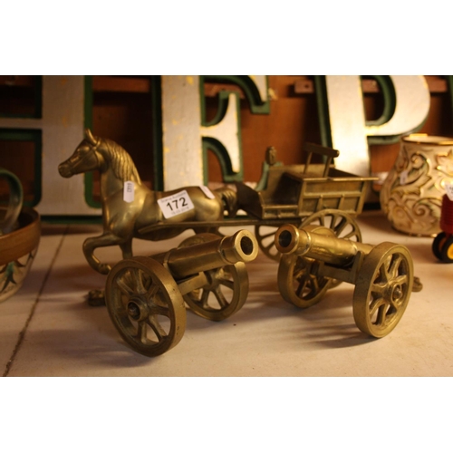 172 - BRASS HORSE & CARRIAGE & PAIR OF CANONS