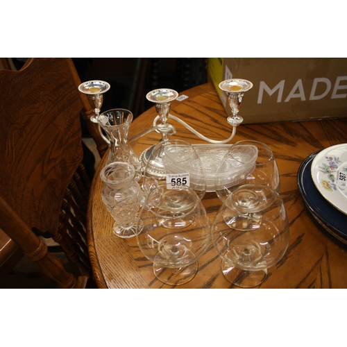 585 - GLASSWARE & SILVER PLATE CANDLEABRE