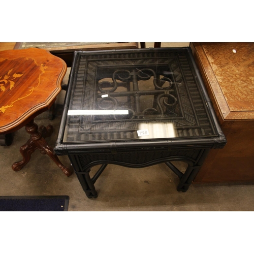 728 - EBONIZED CANE & GLASS LAMP TABLE