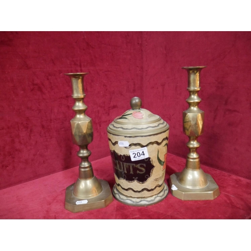 204 - CLOISONNE BISCUIT BARREL & BRASS CANDLESTICKS