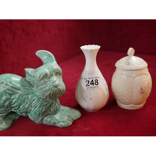 248 - DONEGAL LIDDED JAR, VASE PLUS DOG ORNAMENT