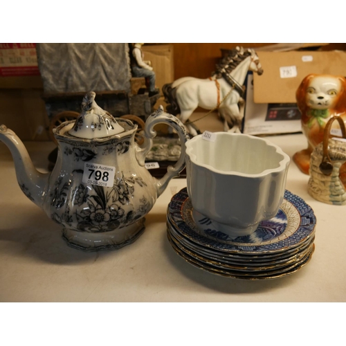 798 - BLUE & WHITE PLATES, JELLY MOLD & TEA POT