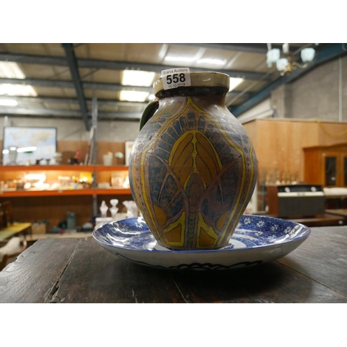 558 - BLUE & WHITE CHARGER & POTTERY JUG