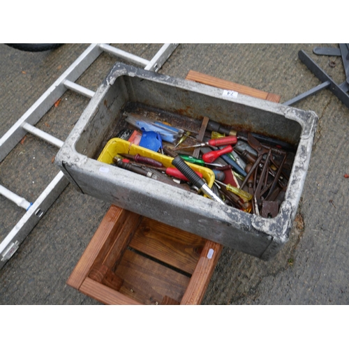 74 - BOX OF TOOLS & PLANTER