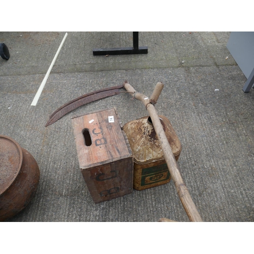 74 - OLD OIL DRUM, SYTHE & WOODEN CRATE