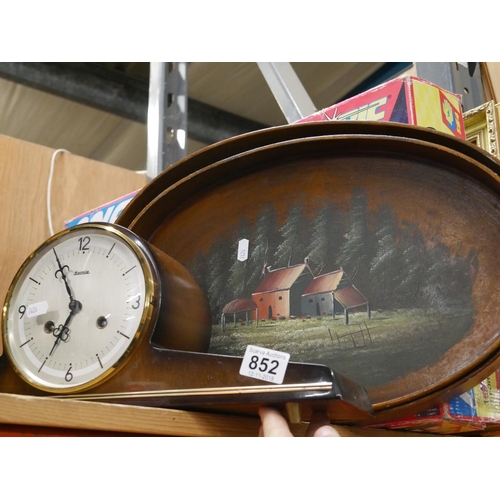 852 - PAINTED TRAYS & MANTLE CLOCK