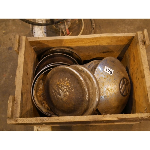 178 - WOODEN BOX OF OLD CAR HUB CAPS