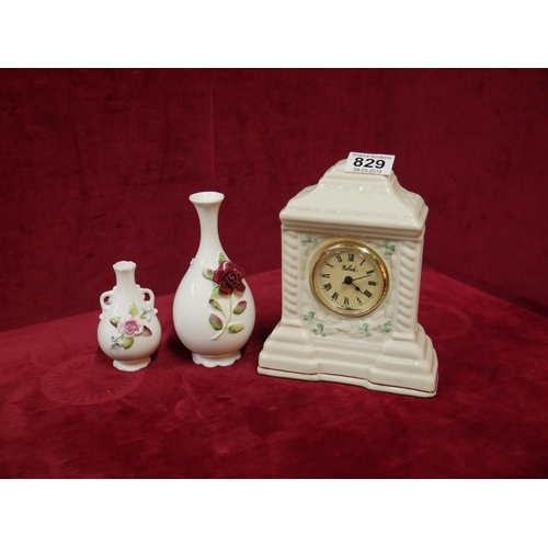 829 - 2 COALPORT VASES & BELLEEK CLOCK