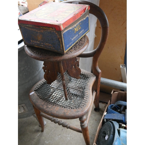 188 - OLD CHAIR, STOOL & BISCUIT TIN