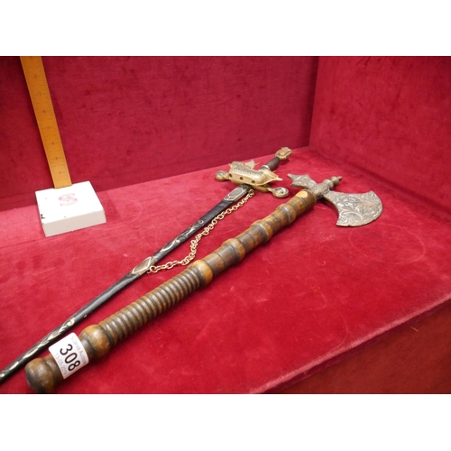 308 - SWORD & DECORATIVE TOMAHAWK