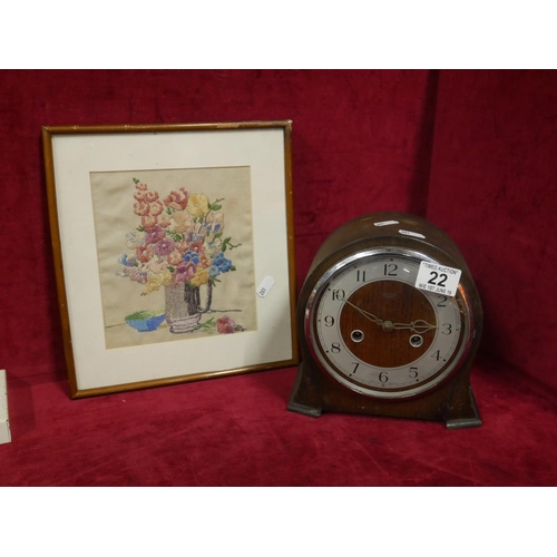 22 - MANTLE CLOCK & NEEDLEWORK TAPESTRY