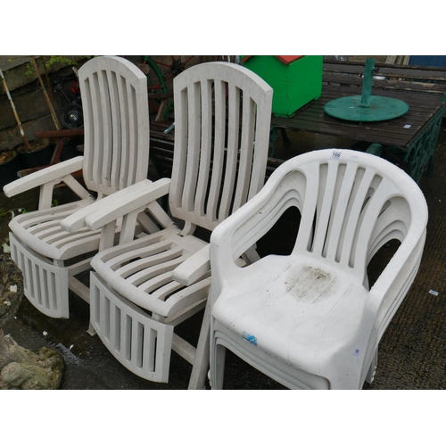 166 - 2 PLASTIC RECLINERS PLUS STACKING CHAIRS