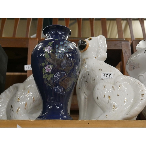 177 - PAIR OF STAFFORDSHIRE DOGS & VASE