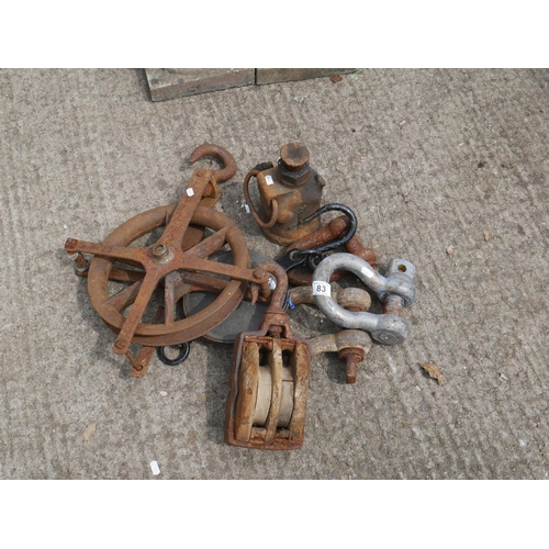 83 - SHACKLES & JACK PLUS PULLEYS ETC