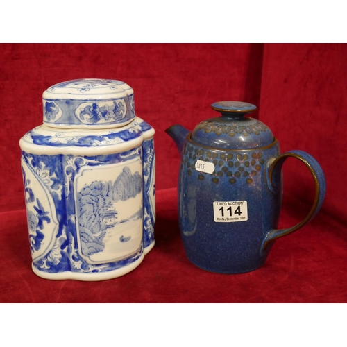 114 - DENBY TEA POT PLUS BLUE & WHITE JAR