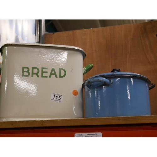 115 - ENAMEL BREAD BIN & SAUCEPAN