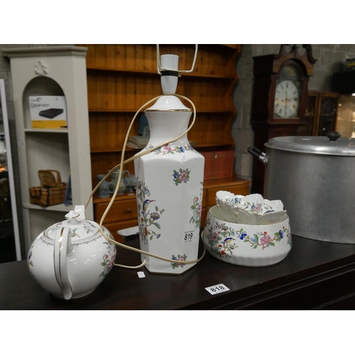 819 - AYNSLEY TABLE LAMP PLUS TEA POT ETC