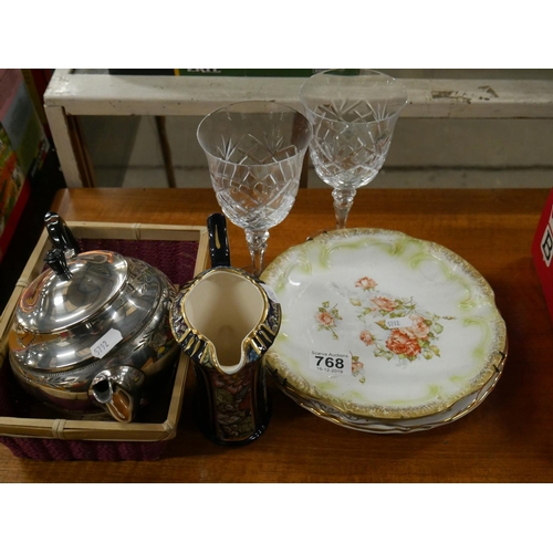 768 - COLLECTABLE PLATES & SILVER PLATED TEA POT ETC