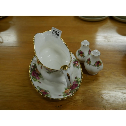 608 - OLD COUNTRY ROSE GRAVY BOAT PLUS SALT & PEPPER