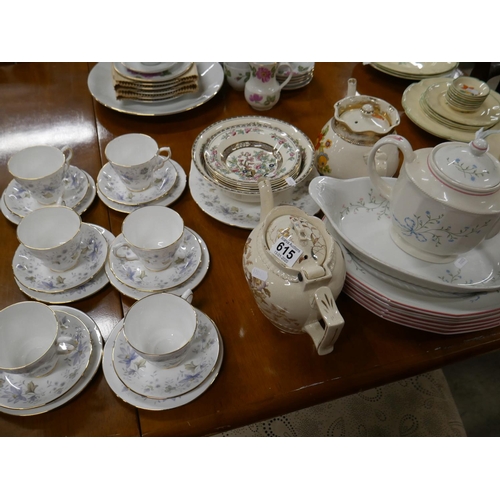 615 - LOT OF MIXED TEAWARE PLUS 2 TEA POTS