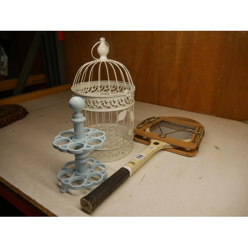 693 - RACKET HOLDER, BIRD CAGE & STAND