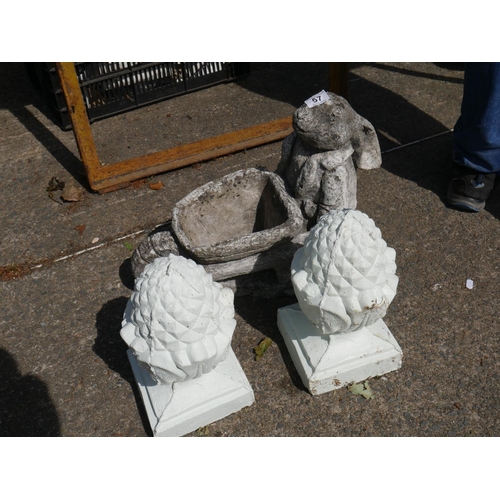 57 - 2 CONCRETE ACORNS & CONCRETE SQUIRREL PLANTER