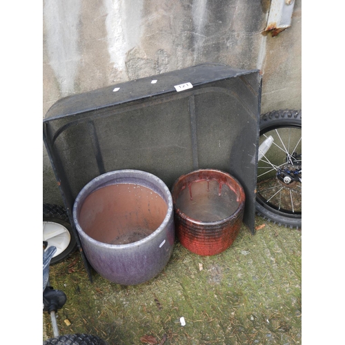 121 - 2 SALT GLAZED POTS & FIREGUARD