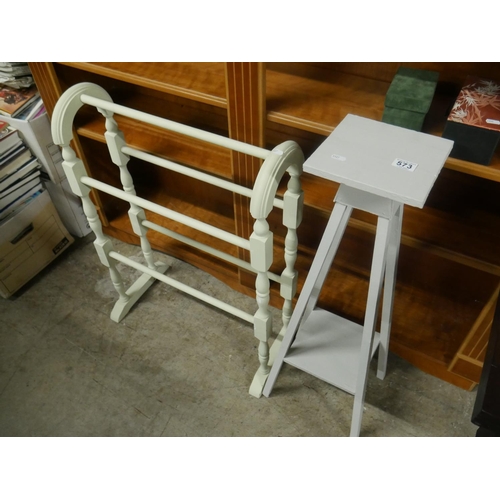 573 - PAINTED PINE PLANT STAND & DOUBLE TOWEL RAIL