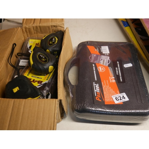 624 - COMBINATION DRILL SET PLUS BOX OF MEASURING TAPES