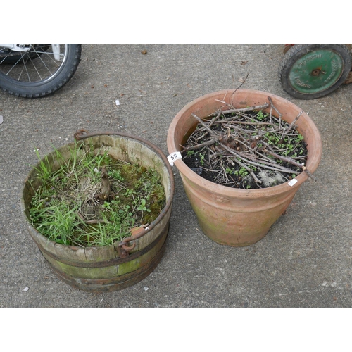 55 - TERRACOTTA PLANTER PLUS OAK & METAL PLANTER