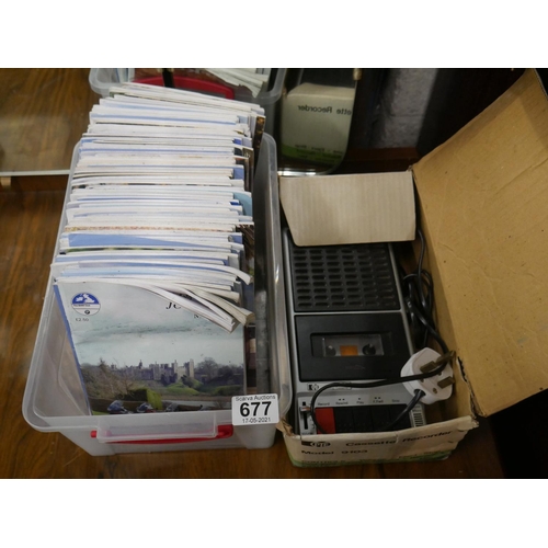 677 - CASSETTE RECORDER & BOX OF MAGAZINES