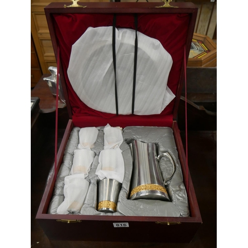 816 - CASED PEWTER GOBLETS & JUG WITH TRAY