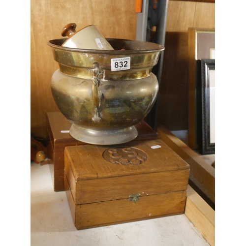 832 - BRASS PLANTER & STONE HOT WATER BOTTLE PLUS 2 BOXES