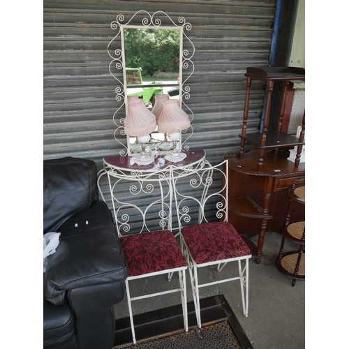 97 - WROUGHT IRON TABLE & CHAIRS PLUS PAIR OF TABLE LAMPS