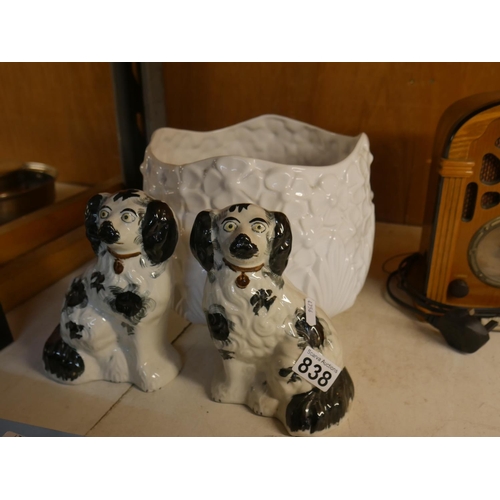 838 - PAIR OF STAFFORDSHIRE DOGS & PLANTER