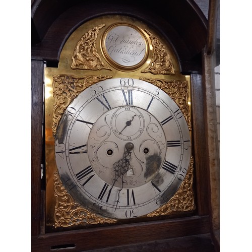 382 - GEORGIAN BRASS DIAL GRANDFATHER CLOCK WITH WEIGHTS & PENDULUM