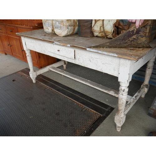 108 - OLD PINE WORK TABLE WITH ORIGINAL BOARDS UNDER FORMICA COVER